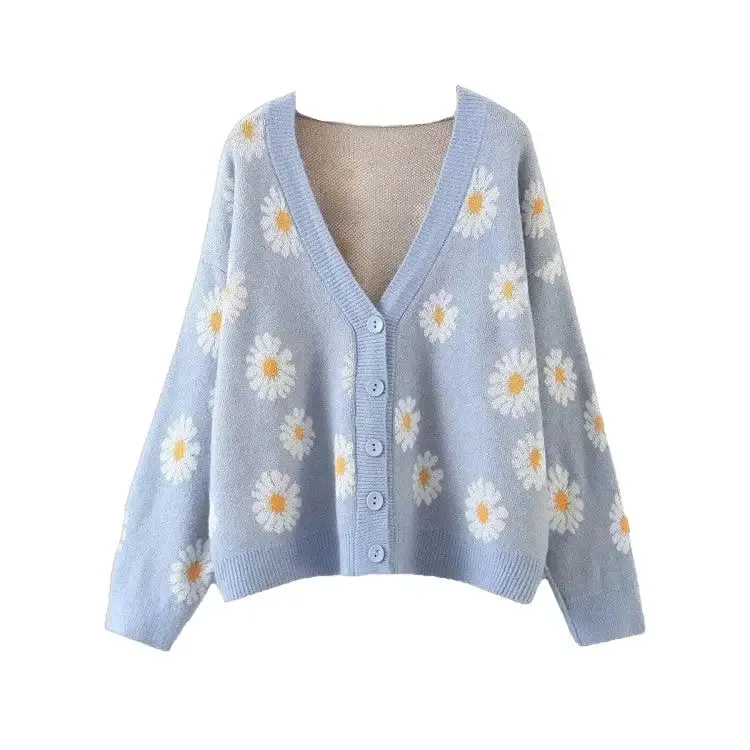 Aesthetic Flower Knit Loose V Neck Cardigan