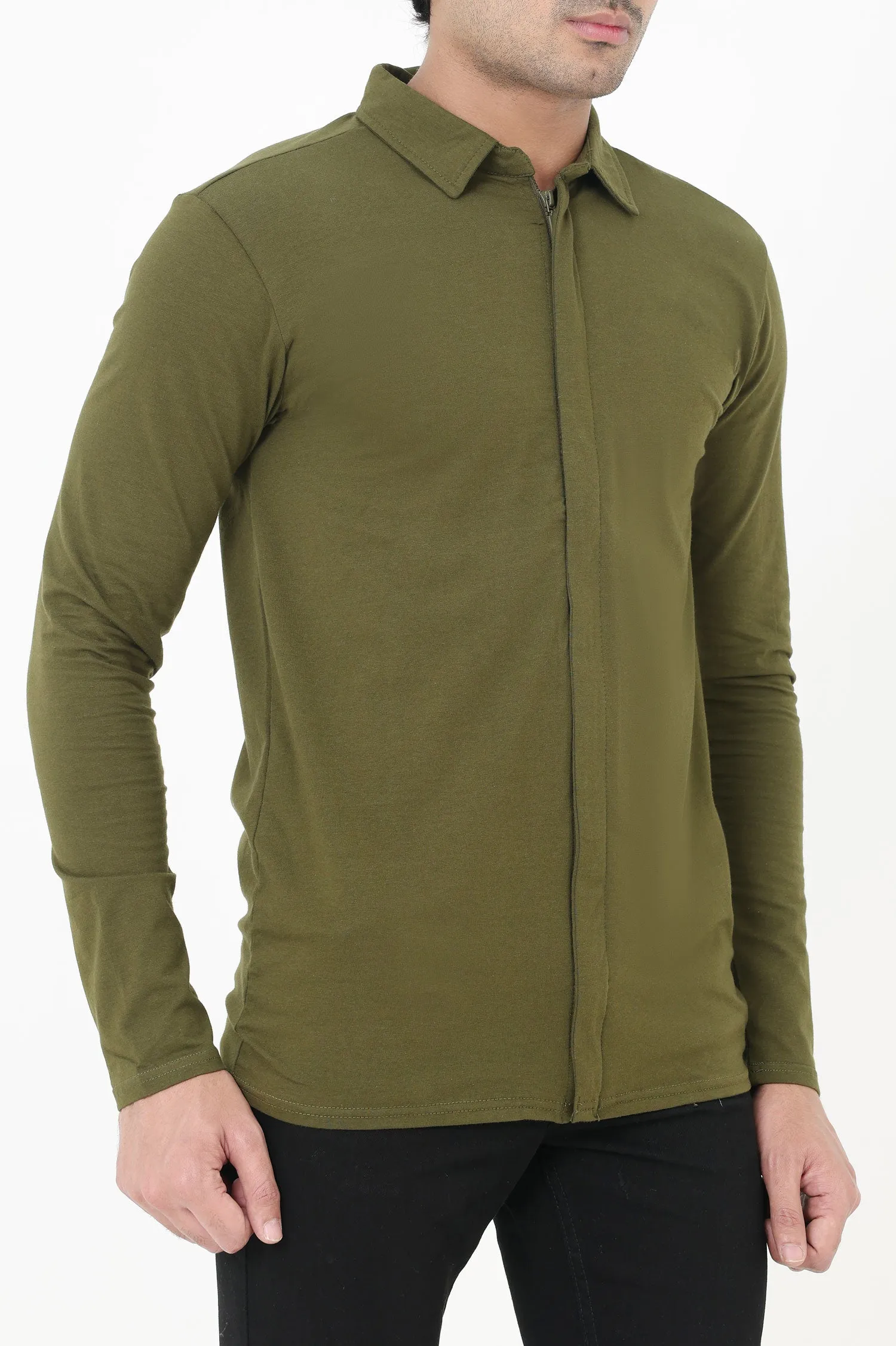 ALMAS MEN ZIPPED SHIRT-OLIVE