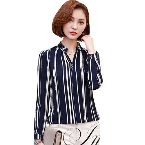 Arrow Printed Long Sleeved Women’s Striped and Plaid Chiffon Blouse