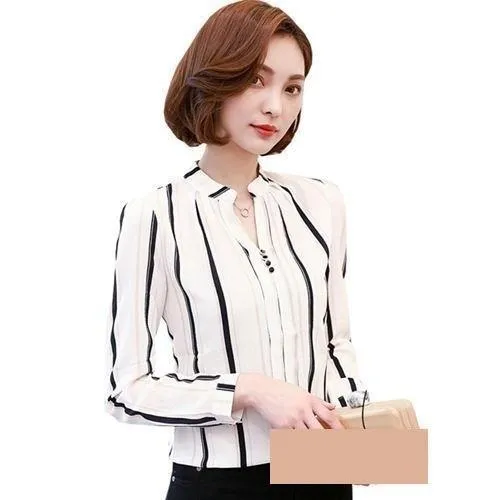 Arrow Printed Long Sleeved Women’s Striped and Plaid Chiffon Blouse