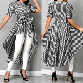 Asymmetrical Striped Blouse Summer Puff Sleeve Shirt