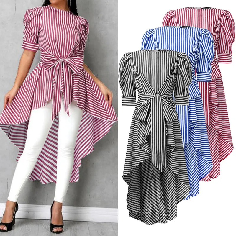 Asymmetrical Striped Blouse Summer Puff Sleeve Shirt