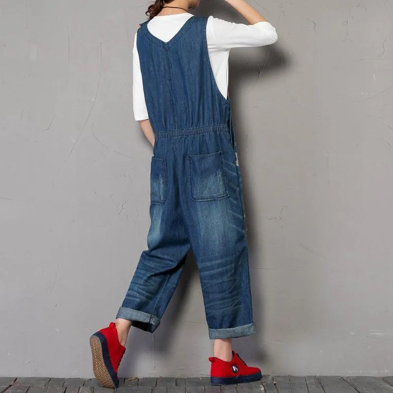 BABAKUD Spring Autumn Denim Loose Printing Sleeveless Jumpsuit