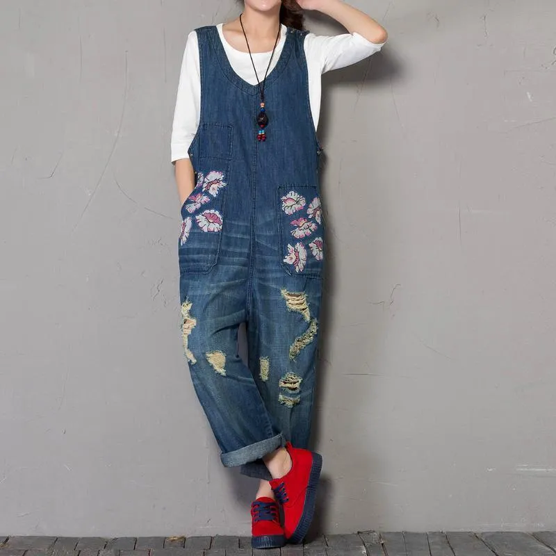 BABAKUD Spring Autumn Denim Loose Printing Sleeveless Jumpsuit