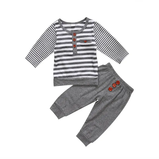 Baby Boy Gray and White Stripe Set with Wood Buttons Long Sleeve