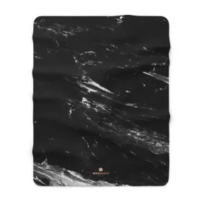 Black Marble Print Fleece Blanket, Designer Cozy Sherpa Fleece Blanket-Made in USA