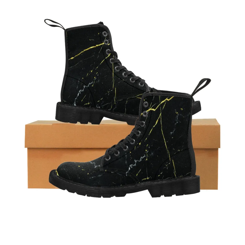 Black Marble Print Men's Boots, Abstract Best Hiking Winter Boots Laced Up Shoes For Men