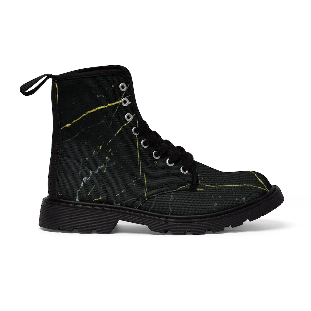 Black Marble Print Men's Boots, Abstract Best Hiking Winter Boots Laced Up Shoes For Men