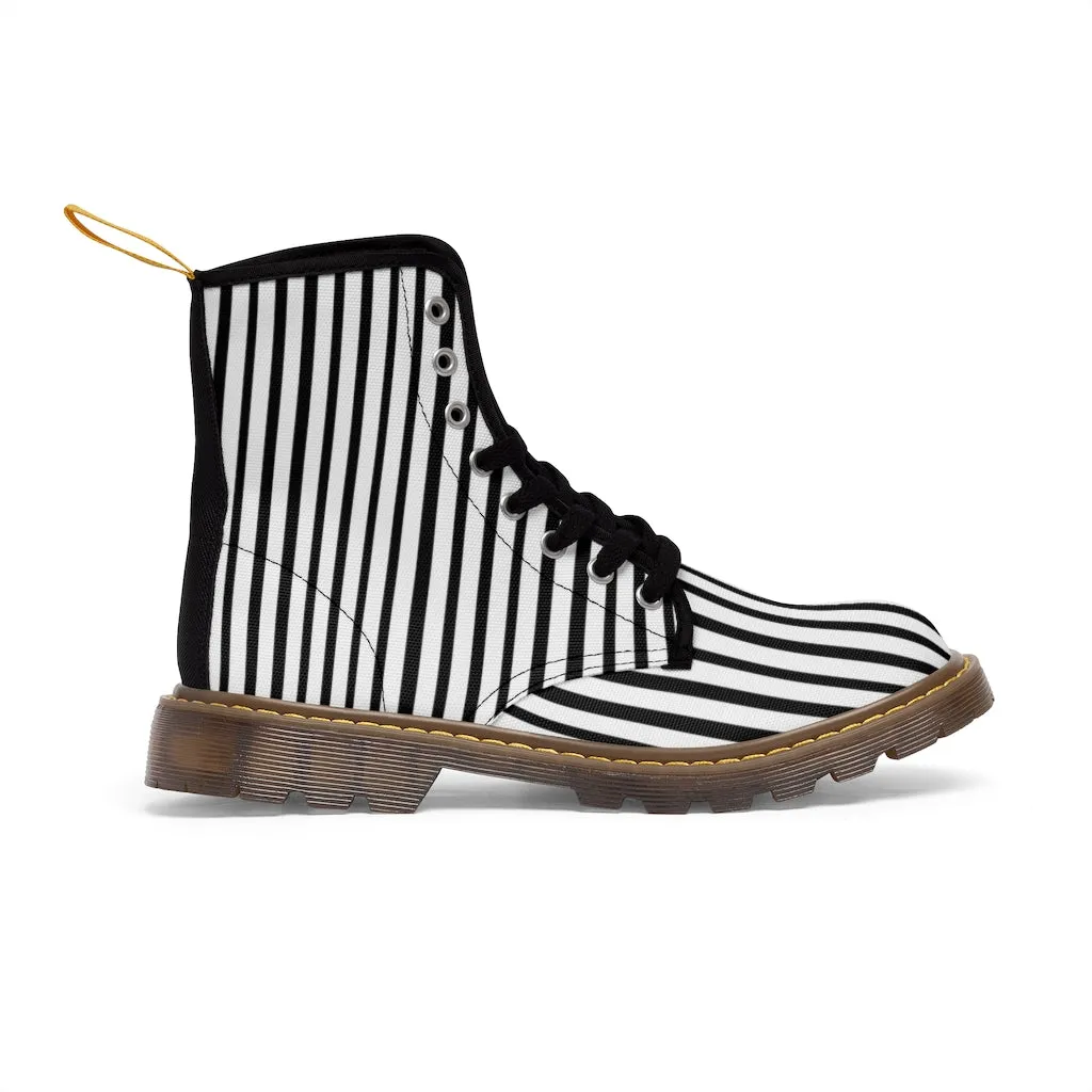 Black Striped Women's Canvas Boots, Vertical Stripes Print Winter Hiking Combat Boots For Ladies