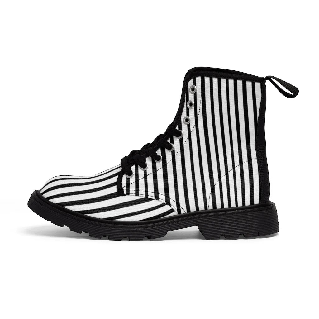 Black Striped Women's Canvas Boots, Vertical Stripes Print Winter Hiking Combat Boots For Ladies