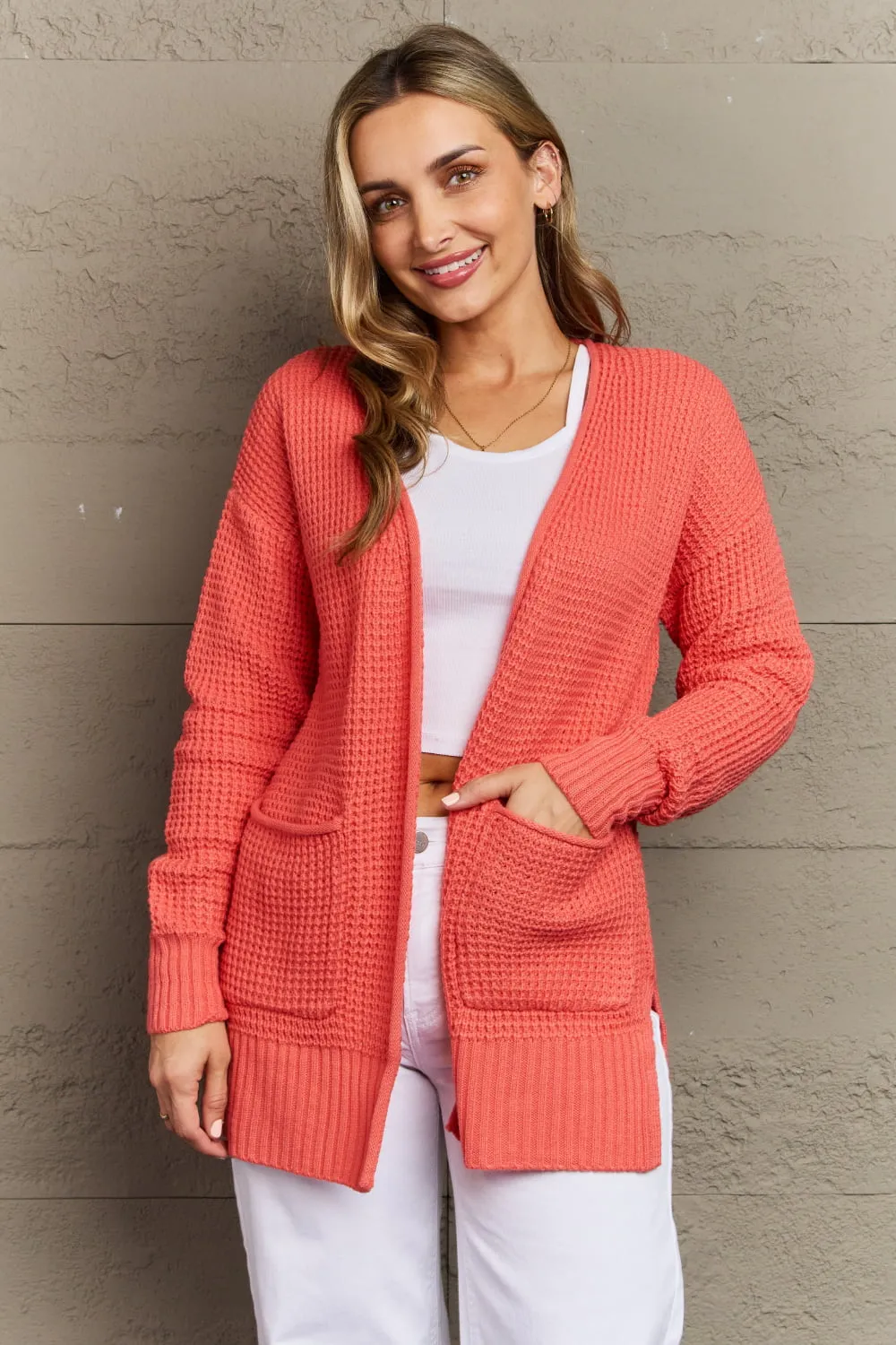 Bright & Cozy Waffle Knit Cardigan in Coral