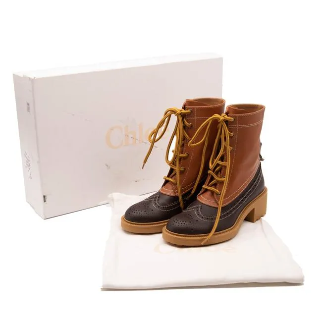 Chloe Brown Leather Franne Luminous Ochre Wing Tip Lug Sole Hiking Boots/Boo Boots/Booties