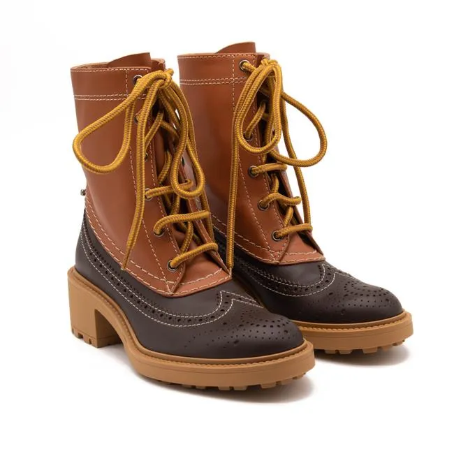 Chloe Brown Leather Franne Luminous Ochre Wing Tip Lug Sole Hiking Boots/Boo Boots/Booties