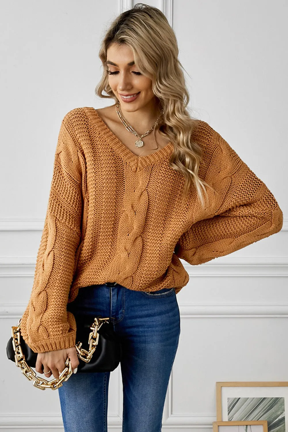 Cozy Cable Knit V-Neck Sweater for Women