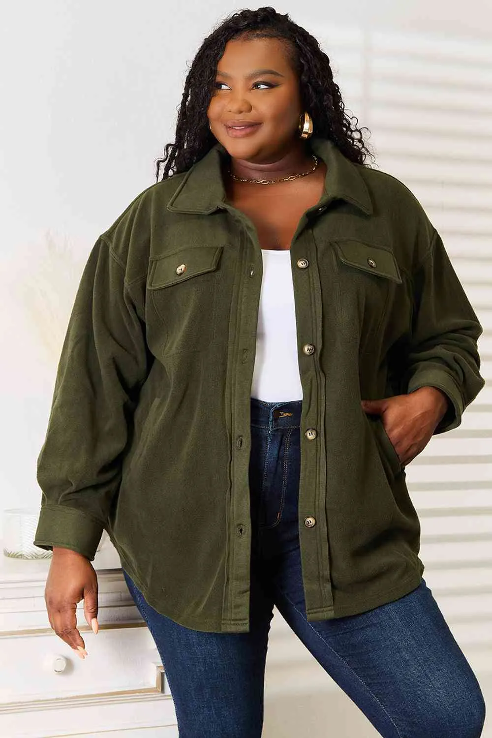 Cozy Girl Button Down Shacket in Army Green