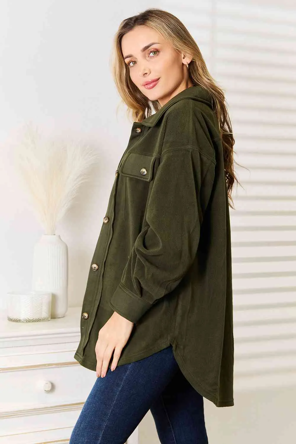 Cozy Girl Button Down Shacket in Army Green