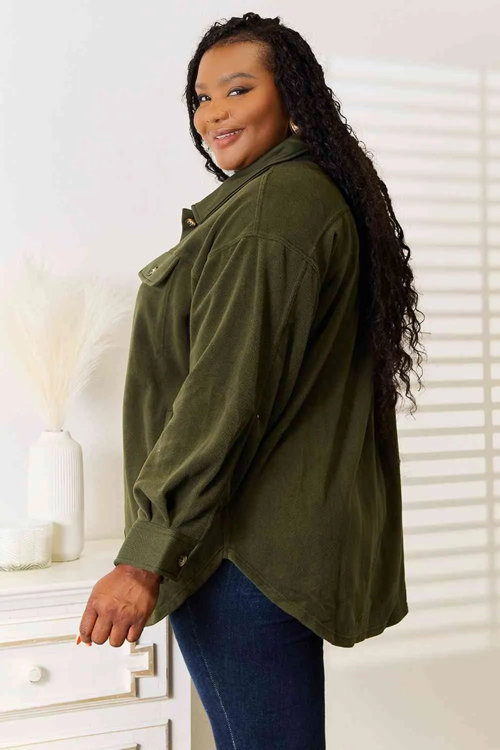 Cozy Girl Button Down Shacket in Army Green