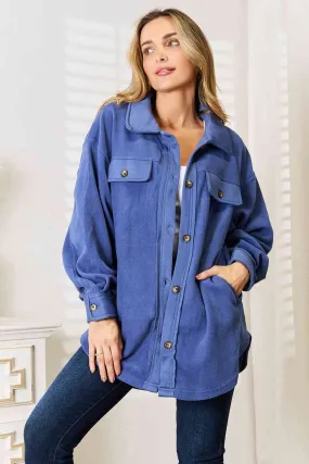 Cozy Girl Button Down Shacket in Dusty Blue