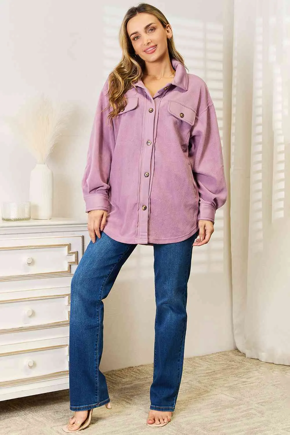 Cozy Girl Button Down Shacket in Lavender