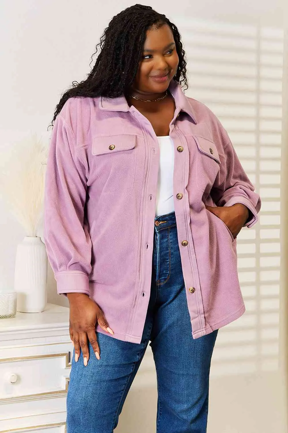 Cozy Girl Button Down Shacket in Lavender