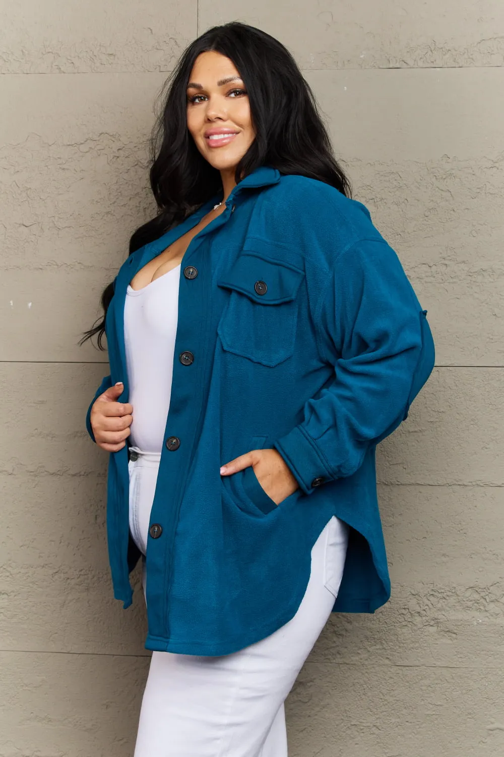 Cozy in the Cabin Fleece Elbow Patch Shacket in Teal