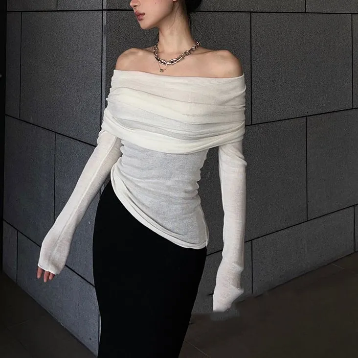 Cozy Rib Knitted Draped Off The Shoulder Top Blouse