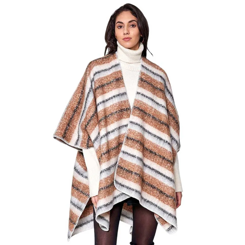 Cozy Striped Three Tone Ruana Poncho