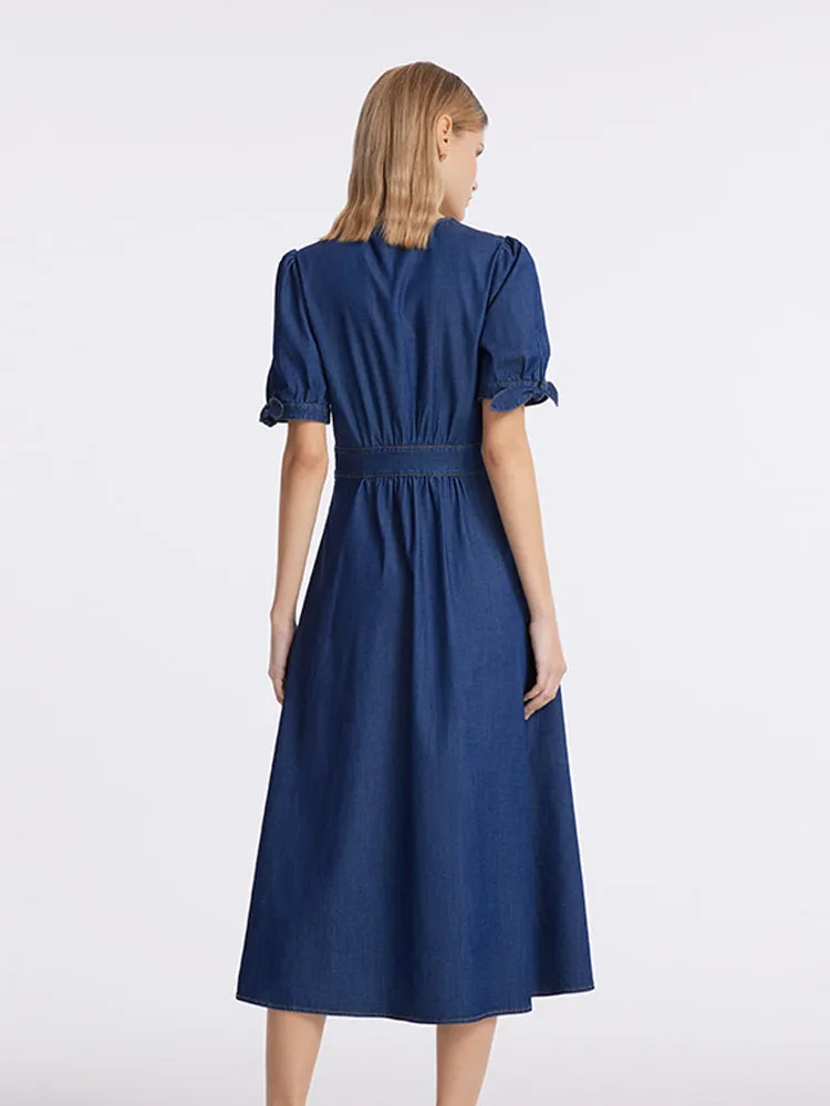 Gathered Waist Denim Women Midi Dress