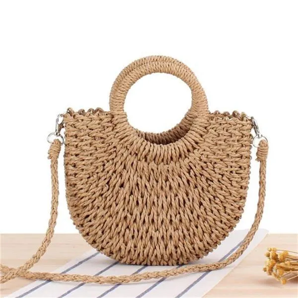 Handmade Bohemian Half-Moon Straw Shoulder Bag