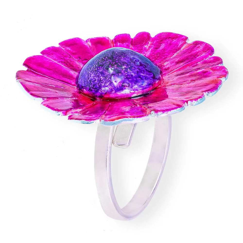 Handmade Silver Purple Fuchsia Daisy Flower Ring