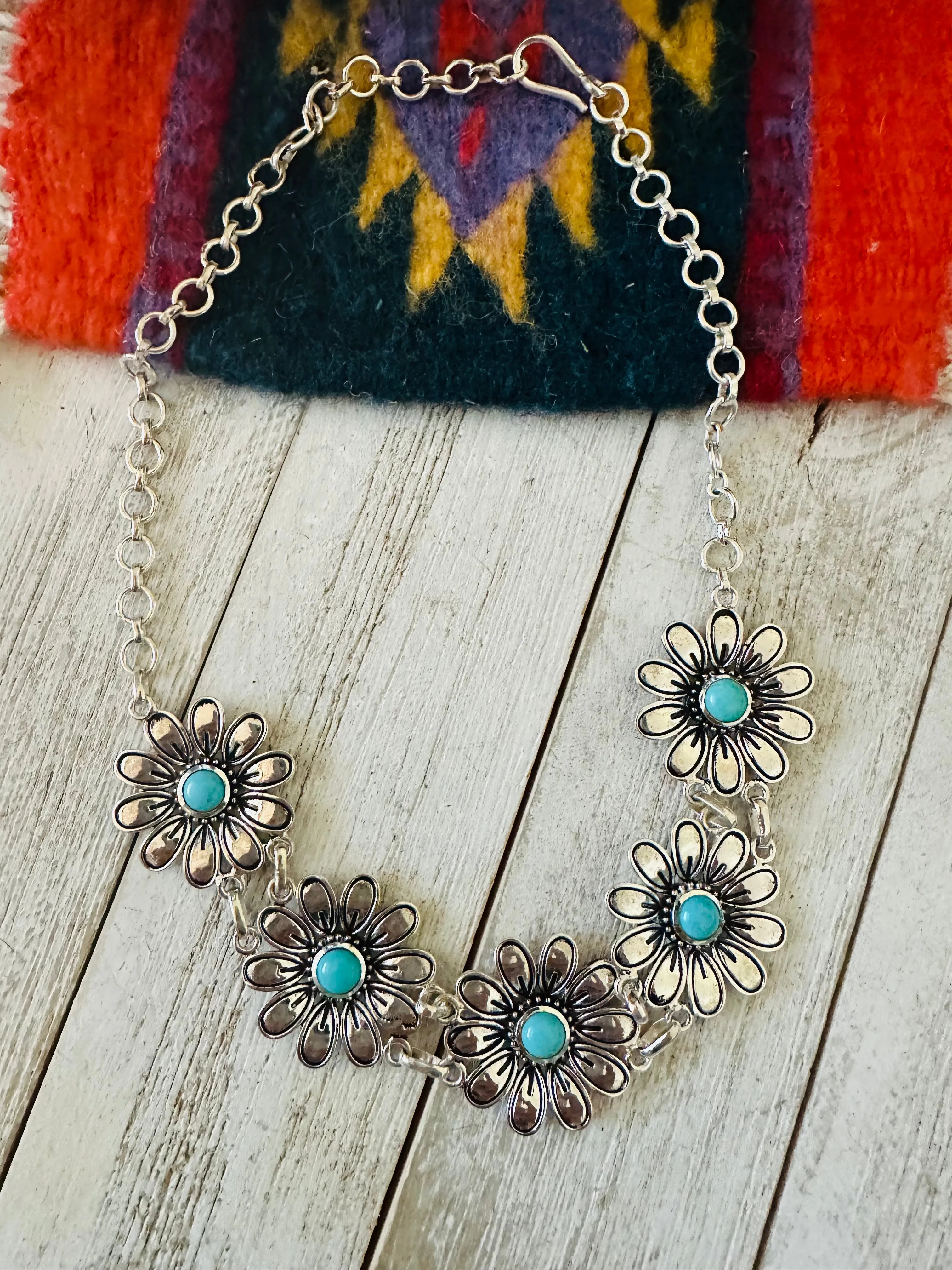 Handmade Turquoise & Sterling Silver Beaded Flower Necklace