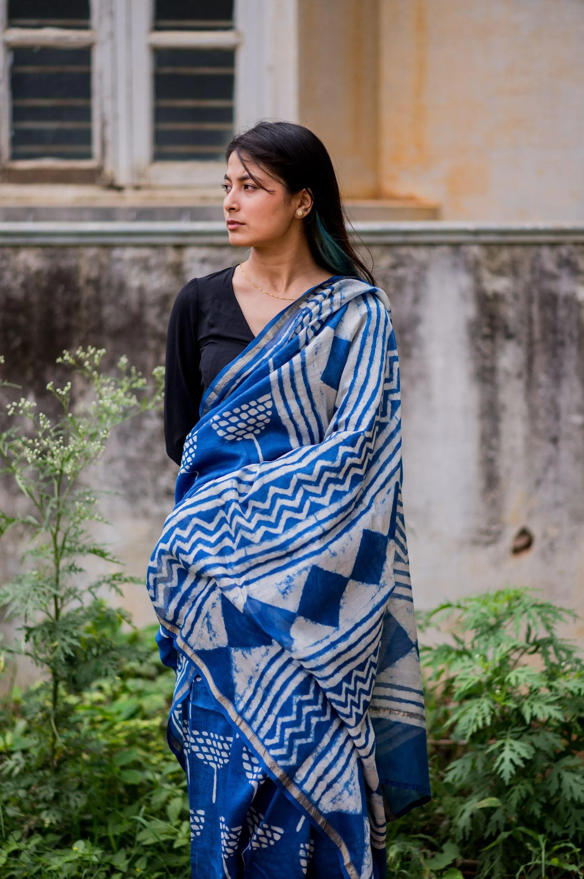 Kaisori Malhar - Dabu Lotus  Indigo Silk Cotton saree