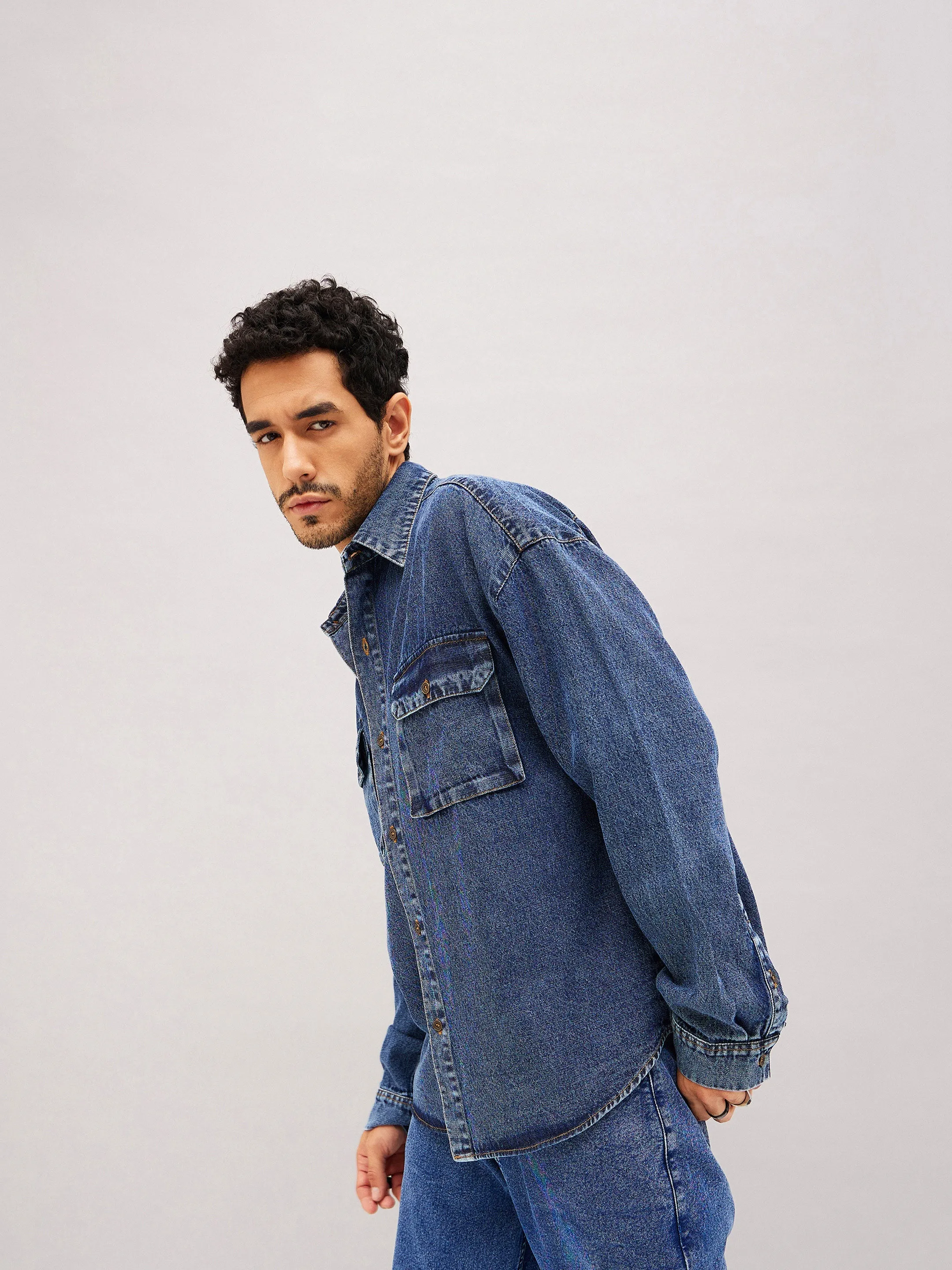 Men Blue Denim Oversized Shirt