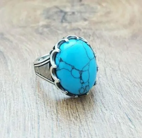 Mens Handmade Ring, Turquoise Men Silver Ring, Oval Gemstone Ring, Modern Sterling Silver Men Ring, Men Engraved Ring, Anniversary Gifts