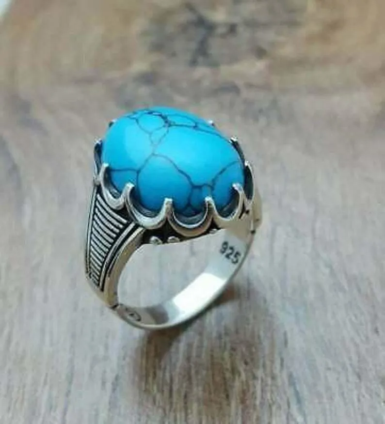 Mens Handmade Ring, Turquoise Men Silver Ring, Oval Gemstone Ring, Modern Sterling Silver Men Ring, Men Engraved Ring, Anniversary Gifts