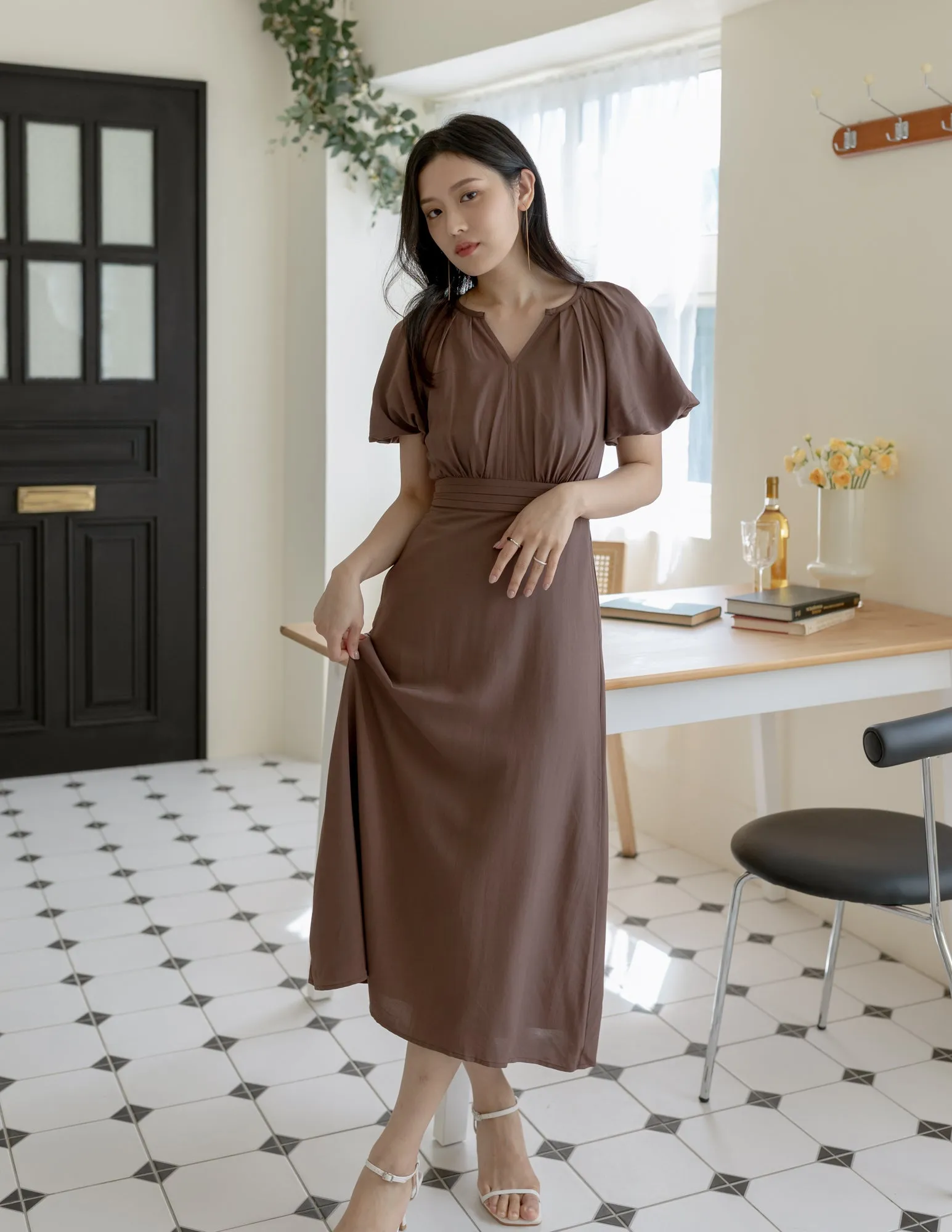 Ophelia Midi Dress in Brown