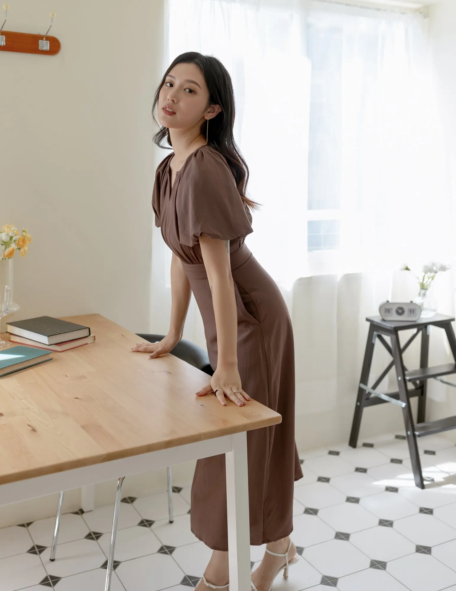 Ophelia Midi Dress in Brown