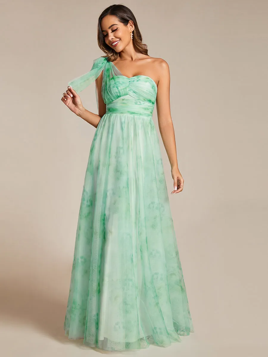 Printed Bowknot Empire Waist Strapless Formal Evening Dress