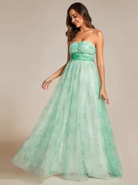 Printed Bowknot Empire Waist Strapless Formal Evening Dress