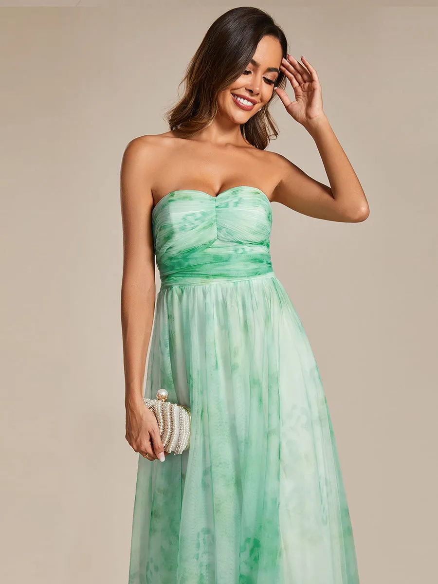 Printed Bowknot Empire Waist Strapless Formal Evening Dress