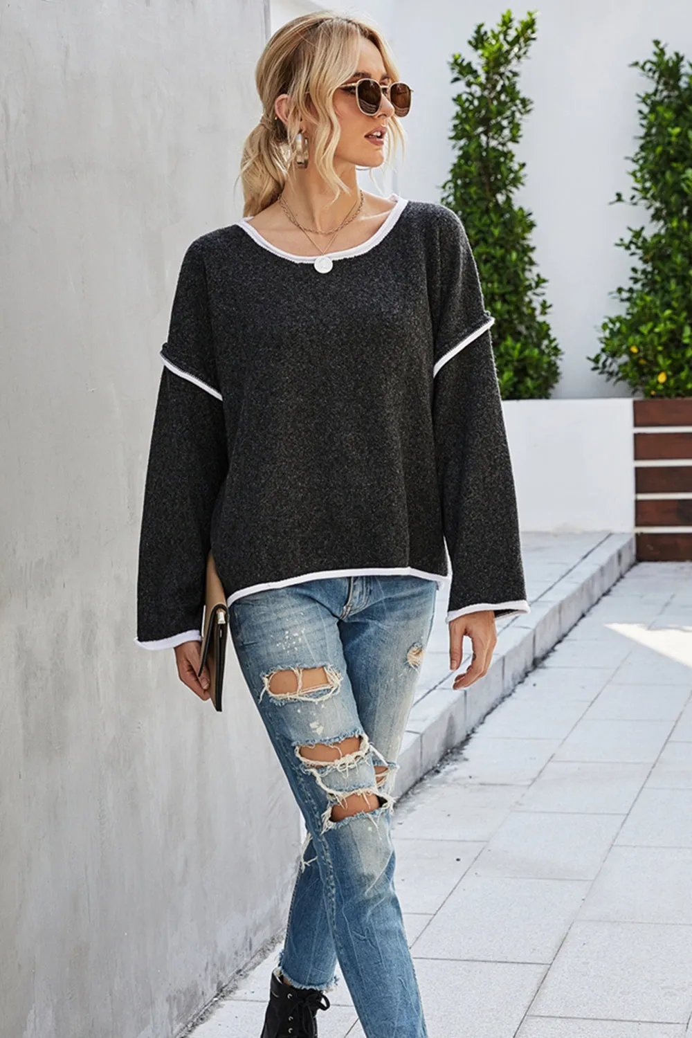 Round Neck Dropped Shoulder Sweater - Cozy and Versatile