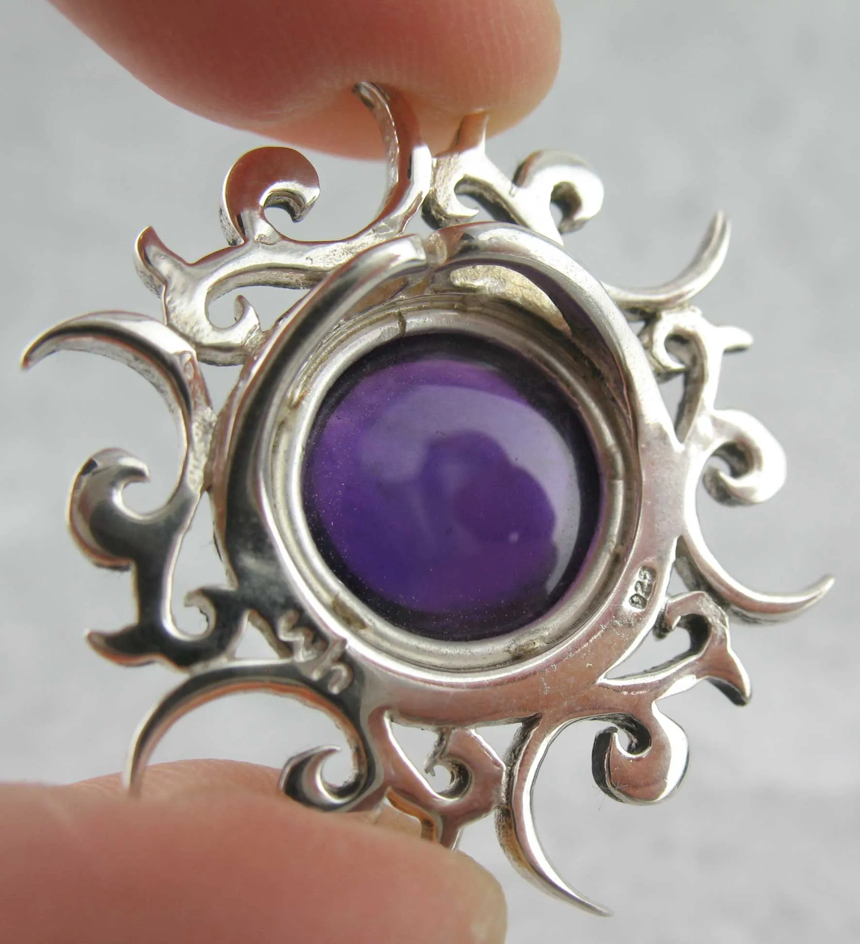 Tribal Sun Pendant with Amethyst Cabochon, Handmade