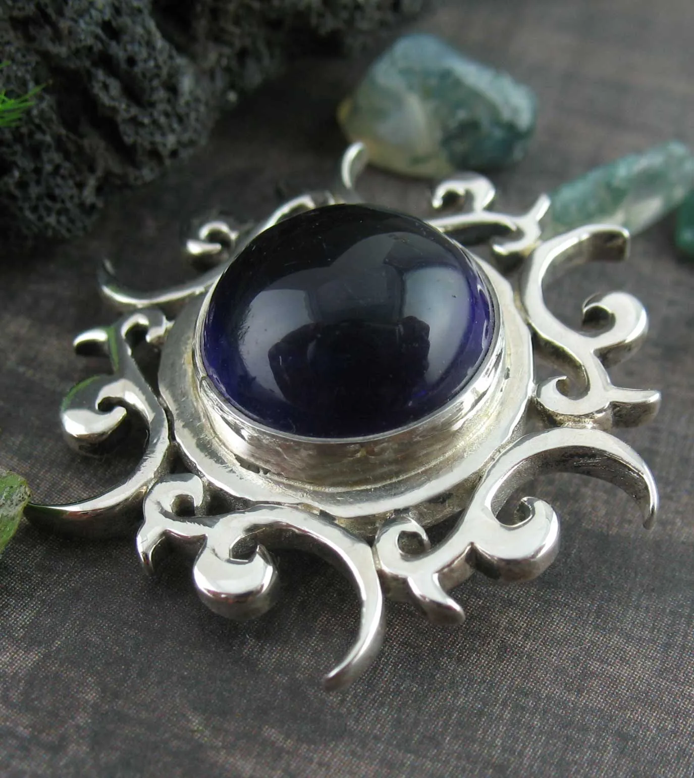 Tribal Sun Pendant with Amethyst Cabochon, Handmade