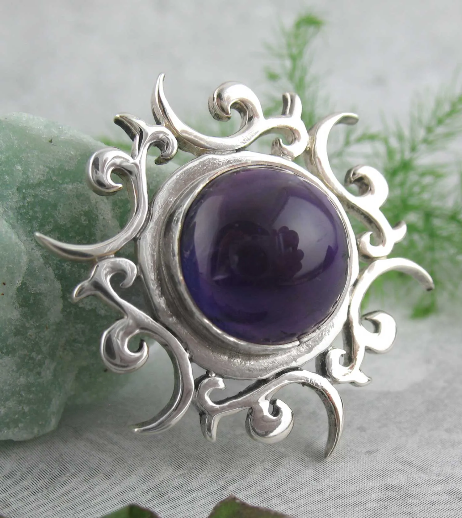 Tribal Sun Pendant with Amethyst Cabochon, Handmade