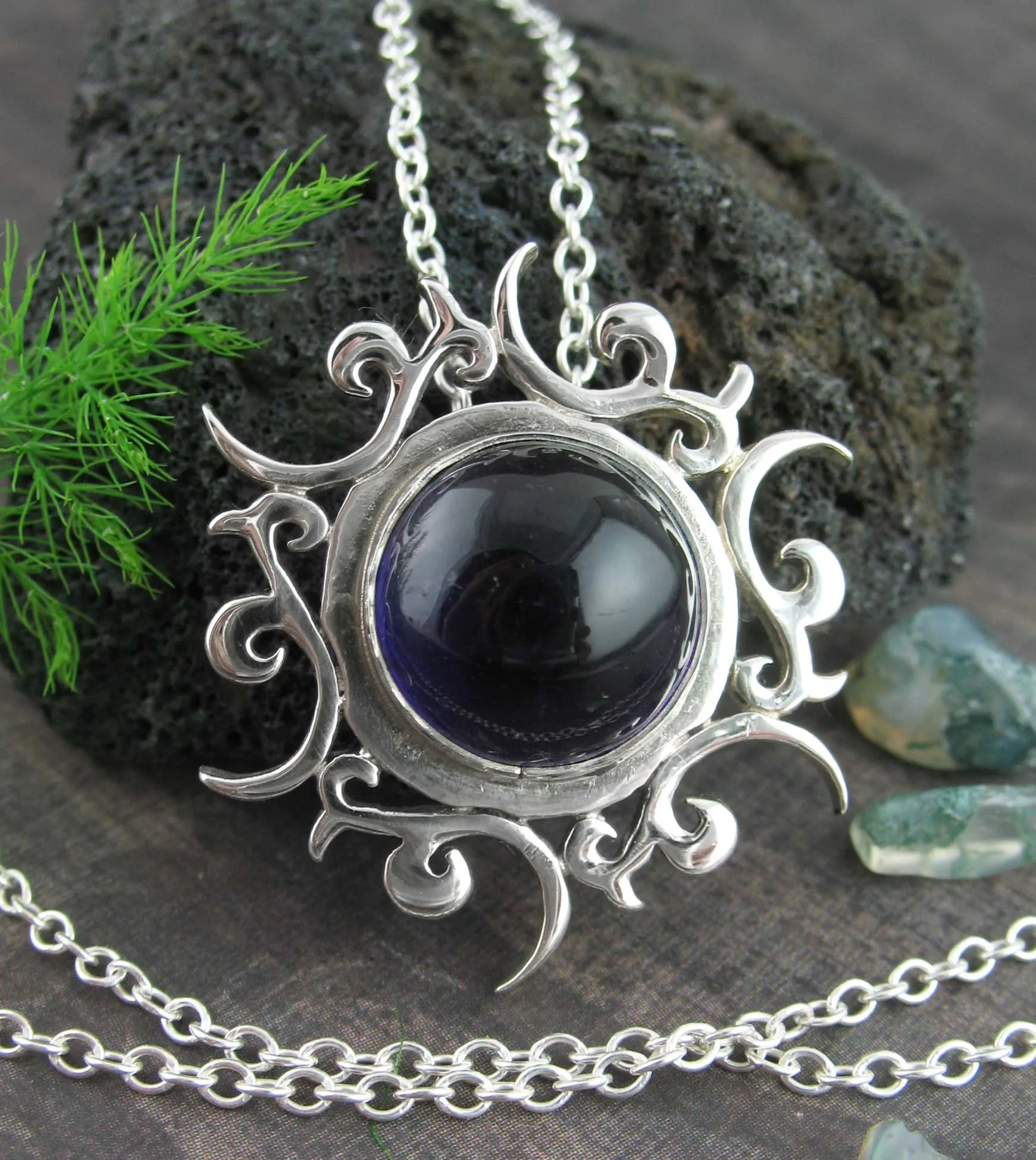 Tribal Sun Pendant with Amethyst Cabochon, Handmade