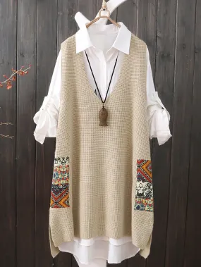 Women Ethnic V-Neck Loose Knitted Vest