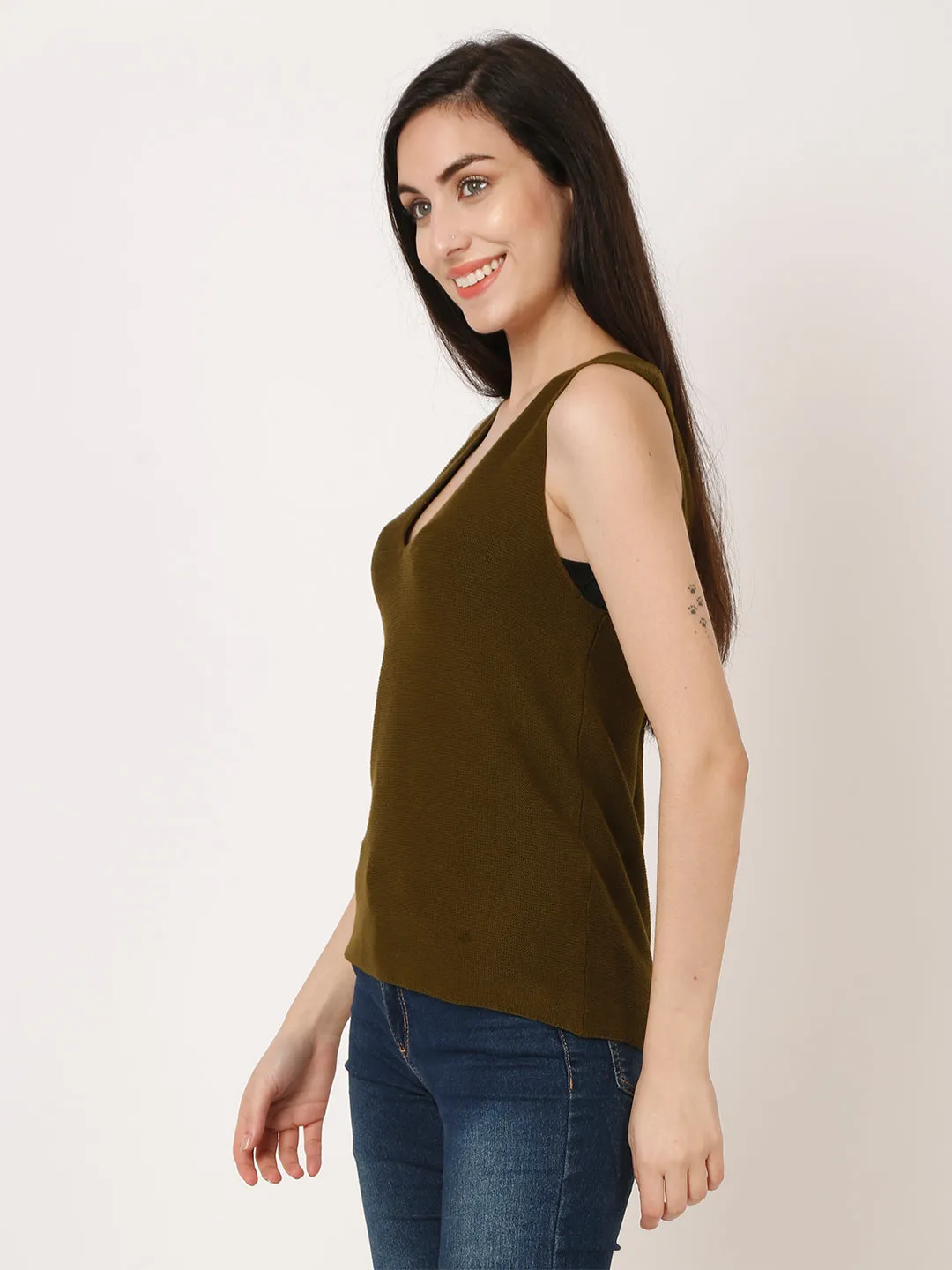 Women Green Ribbed Top