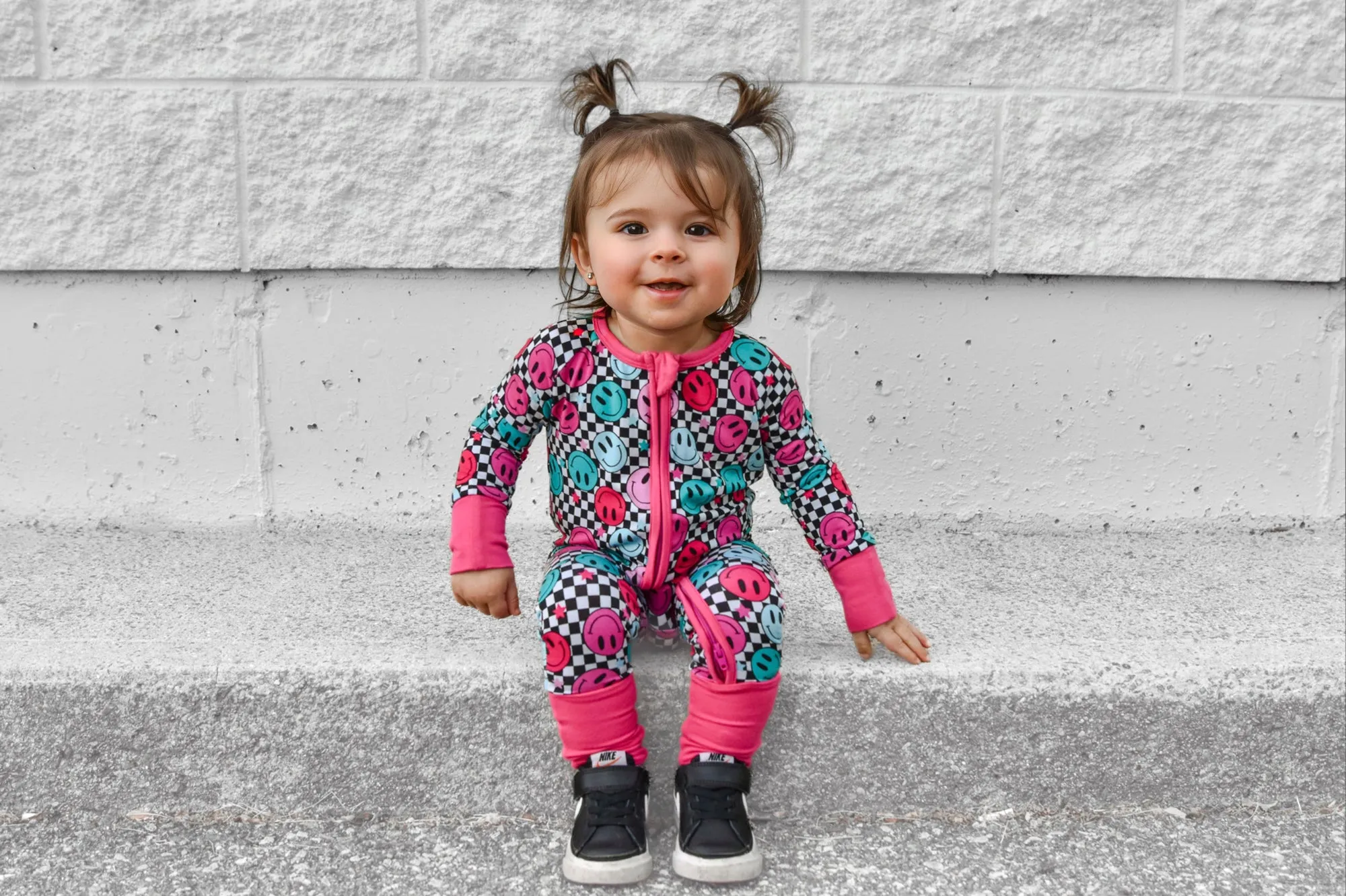 ZIP ROMPER - Pink Check Smile